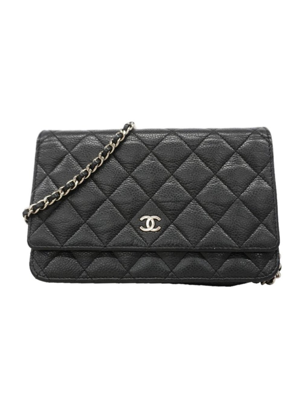 Chanel Wallet on Chain Quilted Caviar Leather Black Silver Shoulder Bag